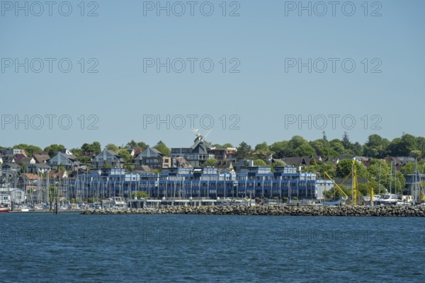 View of the town with marina and windmill, Laboe, Baltic Sea resort, fjord, Baltic Sea, North