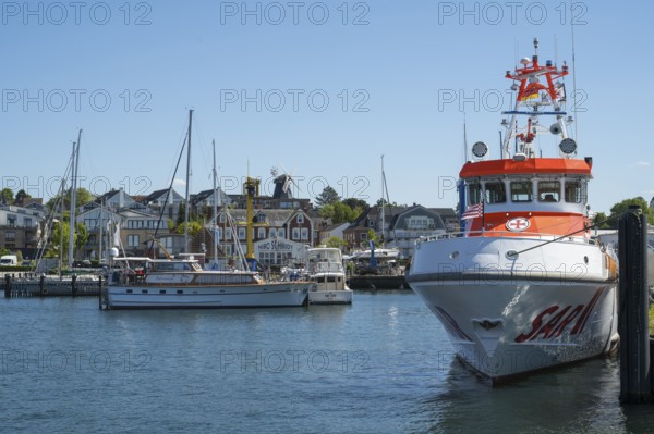 View of the town with harbour and rescue ship, Laboe, Baltic Sea resort, fjord, Baltic Sea, North