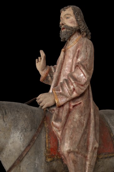 Palmesel, detail Jesus, St Briccius Church, on black background, Wurmlingen, district of