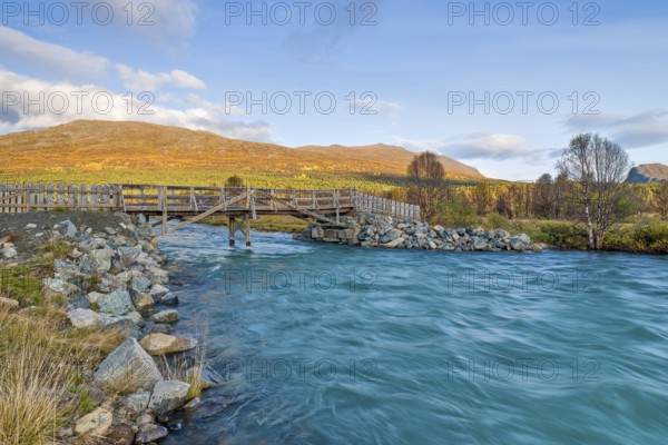 River Soja in Jotunheimen National Park, glacier river, evening light, blue sky, Gudbrandsdalen,