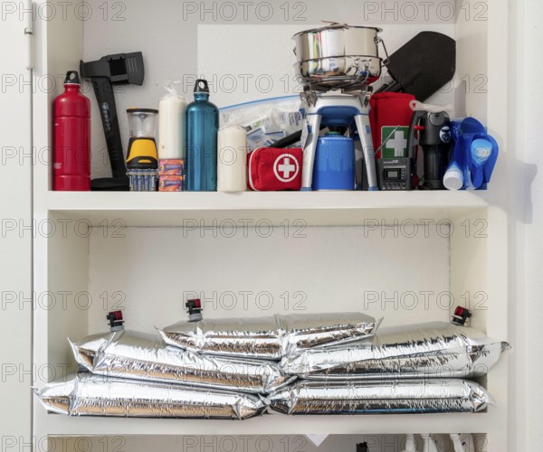 Emergency preparedness, food storage in a private household, shelf, pantry, with long-life food, 10