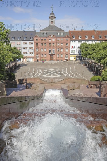 Old town hall built in 1771 and castle fountain by Gernot Rumpf 1984, water features, fountain,
