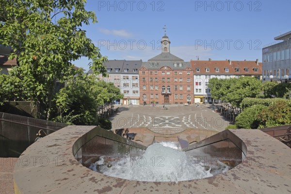 Old town hall built in 1771 and castle fountain by Gernot Rumpf 1984, water features, fountain,