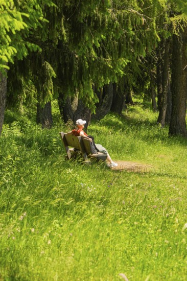 Person sitting on a bench at the edge of a green forest and relaxing, Alpe di Siusi, Dolomites,