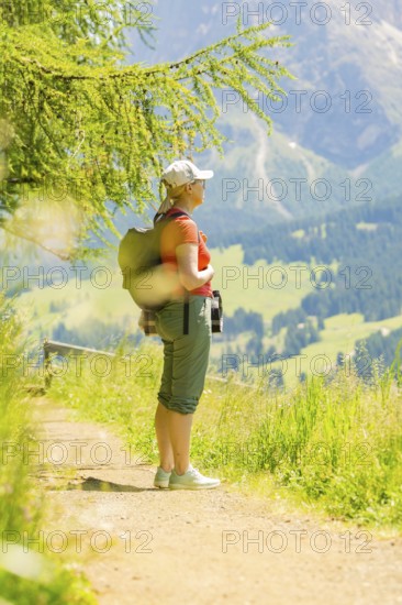 Person hiking on a sunny path in a mountainous and green landscape, Alpe di Siusi, Dolomites, South