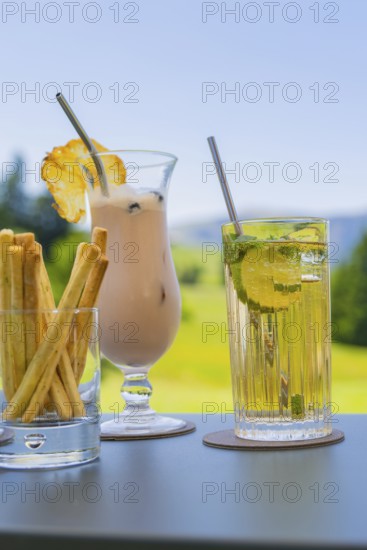 Two cocktails with decorative lemon and mint decorations in front of a summery landscape, Alpe di