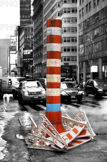 Construction site with chimney for exhaust air at an intersection, black and white, New York City,