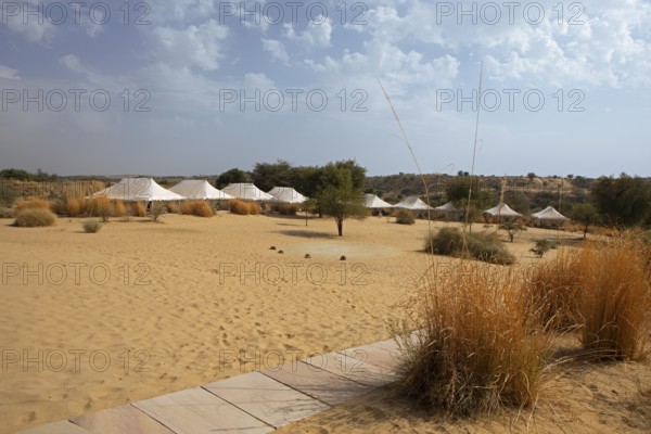Desert camp or tented camp in the Thar Desert or Great Indian Desert, near Jaisalmer, Rajasthan,