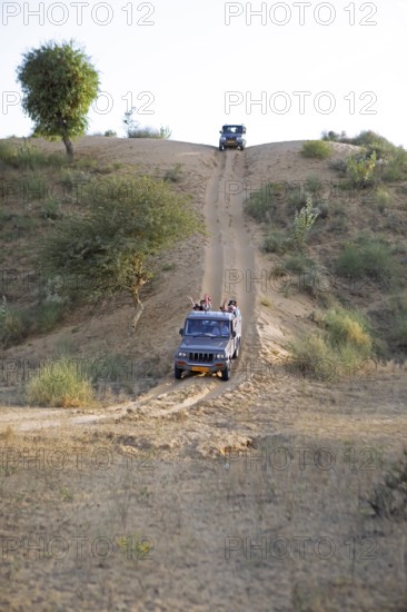 Jeeps driving down a sand dune in the Thar Desert or Great Indian Desert, near Jaisalmer,