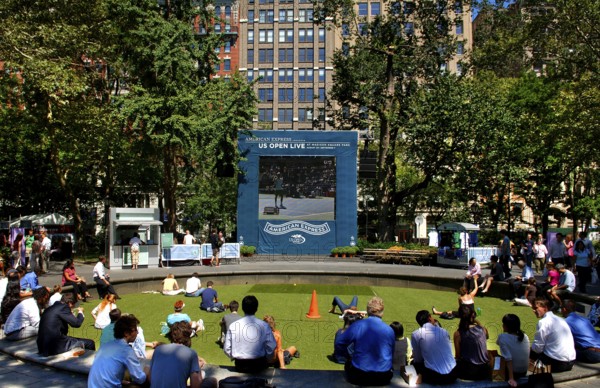 Public viewing of the US Open tennis matches, Washington Square Park, New York City, USA