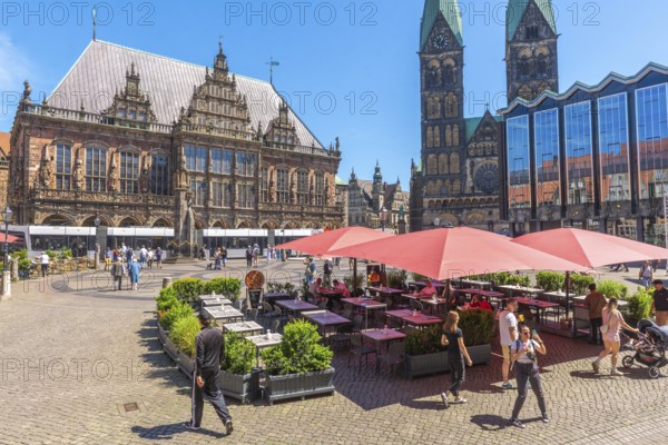 Market square with historic town hall, UNESCO World Heritage Site, cathedral with twin towers and