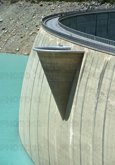 Spillway funnel at the dam wall of the Moiry reservoir, Lac de Moiry, Val d'Anniviers, Valais,