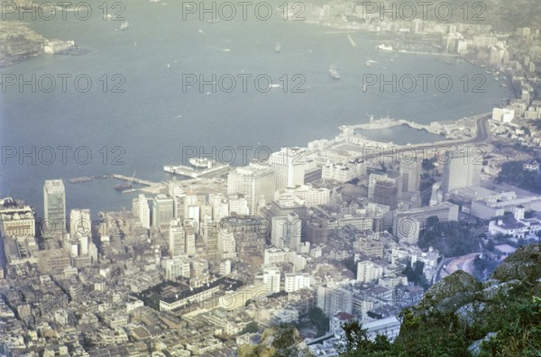 View from the Peak over town and harbour, Hong Kong, Asia, 1964