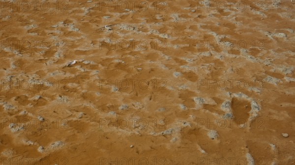 Close-up of ochre-coloured soil depicting natural patterns and textures, salt lake, Tigaki, nature