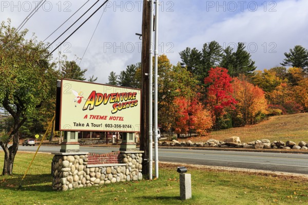 Sign with lettering, fall leaves, boutique hotel, theme hotel Adventure Suites Hotel, Indian