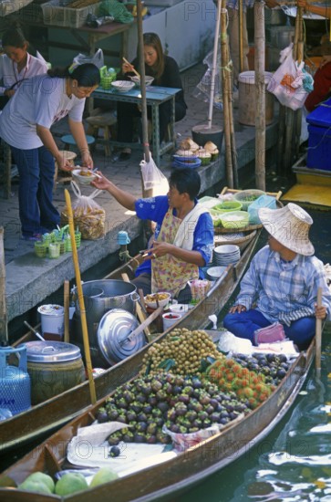 Food stalls at Damnoen Saduak floating market, Thailand, December 2002, vintage, retro, old,