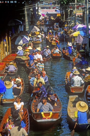 Boats with tourists on the Damnoen Saduak floating market, Thailand, December 2002, vintage, retro,
