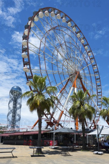 A big Ferris wheel surrounded by palm trees against a blue sky in an urban park, amusement park,