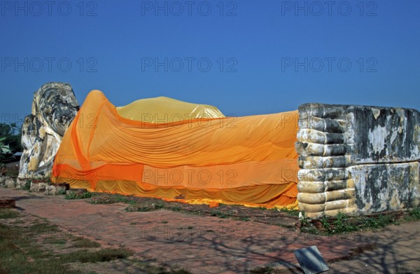 Statue of the reclining Buddha, Ayutthaya, Thailand, December 2002, vintage, retro, old, historic