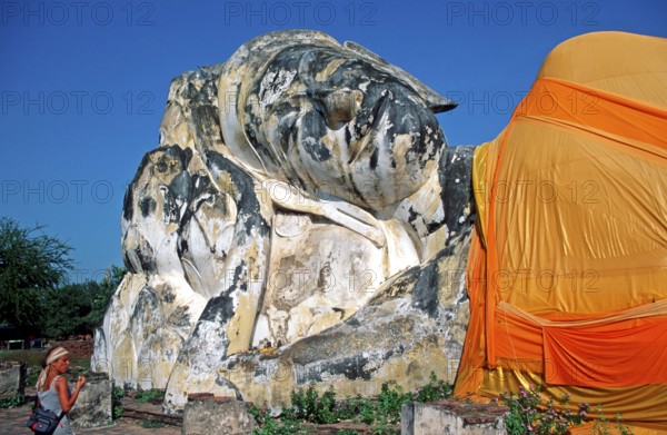 Tourist, statue of reclining Buddha, Ayutthaya, Thailand, December 2002, vintage, retro, old,