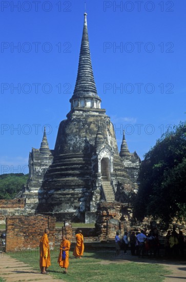 Monks, chedi at Wat Phra Si Sanphet, Ayutthaya, Thailand, December 2002, vintage, retro, old,