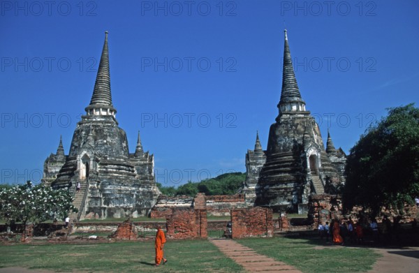 Monks, Chedis at Wat Phra Si Sanphet, Ayutthaya, Thailand, December 2002, vintage, retro, old,