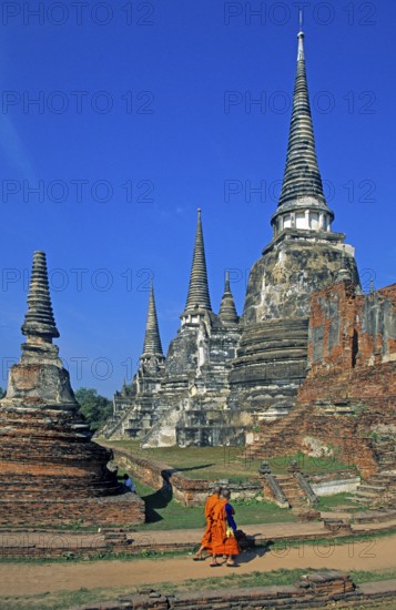 Monks, Chedis at Wat Phra Si Sanphet, Ayutthaya, Thailand, December 2002, vintage, retro, old,