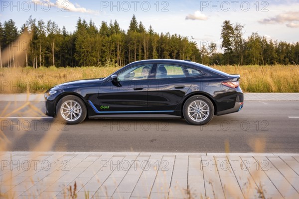 Black car on a road next to a field and forest under a blue sky, BMW i7 electric car, Deer E-