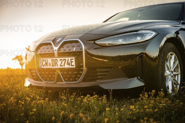 Front view of a BMW with grille and sunset in the background, BMW i7 electric car, Deer