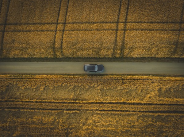 Top view of a car driving on a narrow path between golden fields in quiet countryside, BMW i7