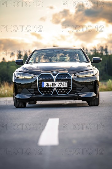 A black car on a country road at sunset with trees in the background, BMW i7 electric car, Deer