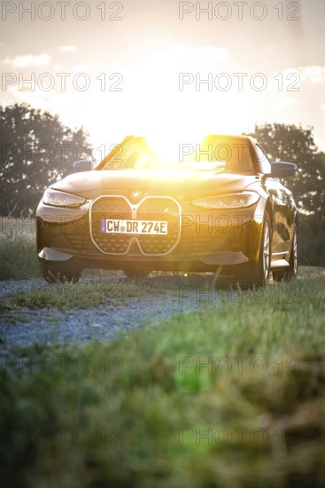 BMW with headlights switched on in the back light of sunset, BMW i7 electric car, Deer