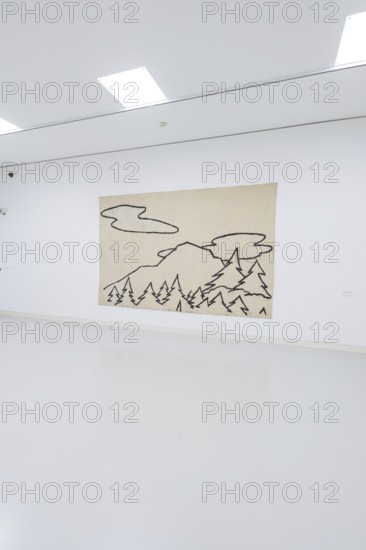 A simple work of art with a mountain motif hangs in a gallery wall, Schauwerk, Sindelfingen,