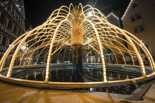 Close-up view of illuminated fountain with reflections in water, Calw, Black Forest, Germany