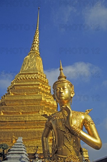 Chedi, mythical creature Kinnari at Wat Phra Kaeo in Bangkok, Thailand, December 2002, vintage,