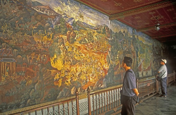 Wall painting, Grand Palace at Wat Phra Kaeo, Bangkok, Thailand, December 2002, vintage, retro,