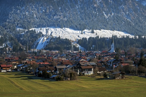 View of Oberstdorf, back left Orlen Arena ski jumping hills, Oberstdorf, Oberallgäu, Allgäu,