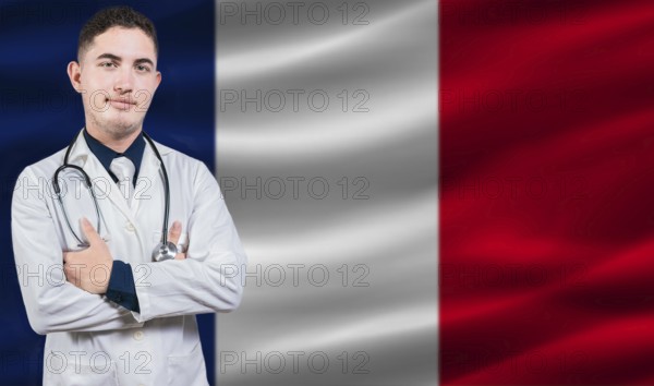 Portrait of medical professional on France flag background. French national health system