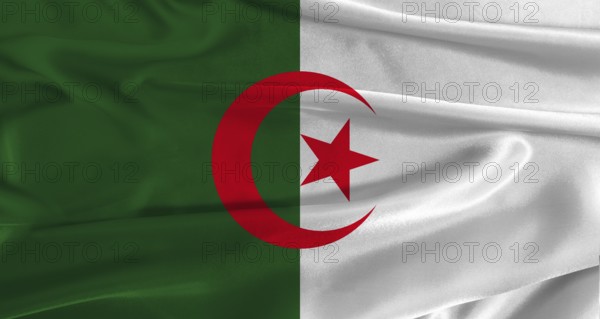 Flag of Algeria with fabric textured background. Close up of National flag of Algeria with