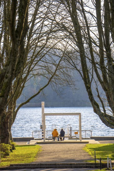 Winter at Lake Baldeney in Essen, Strandbad boat stop, closed in winter, tree-lined avenue leading