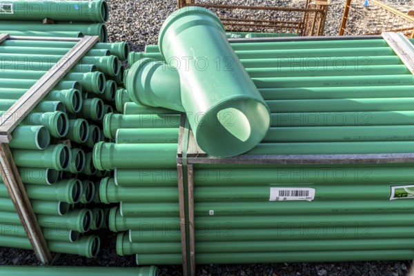 Symbolic picture construction site, sewage pipes for dirty and rainwater, for installation in the