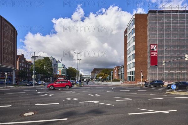New town hall, general development, brick houses, brick architecture, commercial building, parking