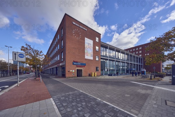 New town hall, brick building, modern architecture, façade with windows, glass façade, lantern,