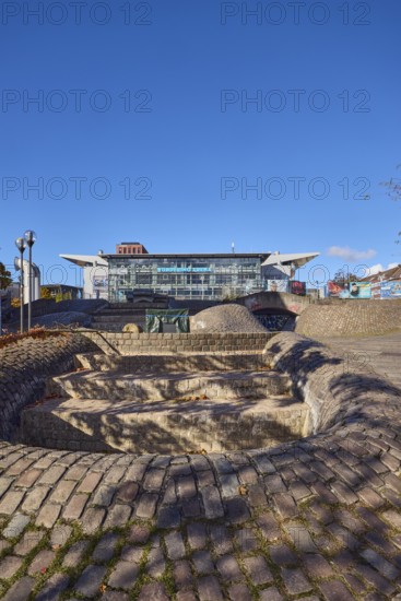 Wunderino Arena multi-purpose hall or former Baltic Sea Hall, pedestrian zone, square, fountain,