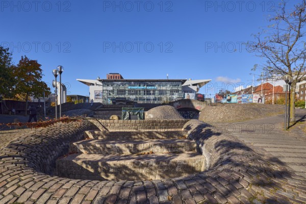 Wunderino Arena multi-purpose hall or former Baltic Sea Hall, pedestrian zone, square, fountain,