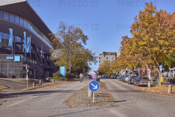 Wunderino Arena multi-purpose hall, general architecture, advertising flag on flagpoles, barrier