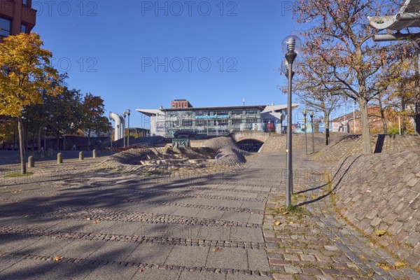 Pedestrian zone, lantern, barrier bollard, multi-purpose hall Wunderino Arena or former Baltic Sea