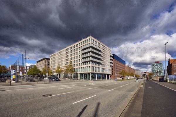 General architecture, brick building, modern building, street, sidewalk, cycle path, lantern,