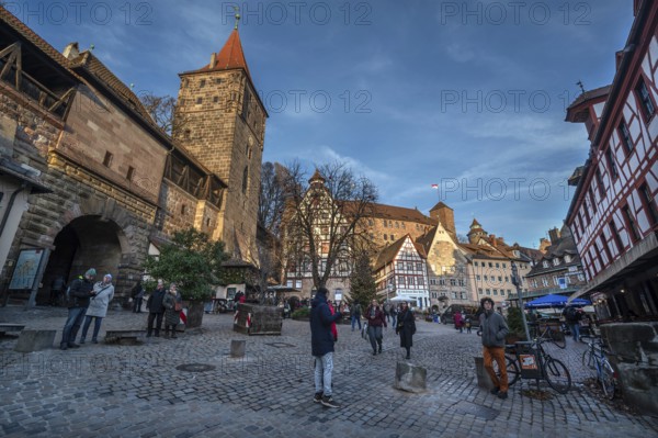 Medieval Tiergärtnertorturm, historic half-timbered houses and Kaiserburg, Tiergärtnertor in the
