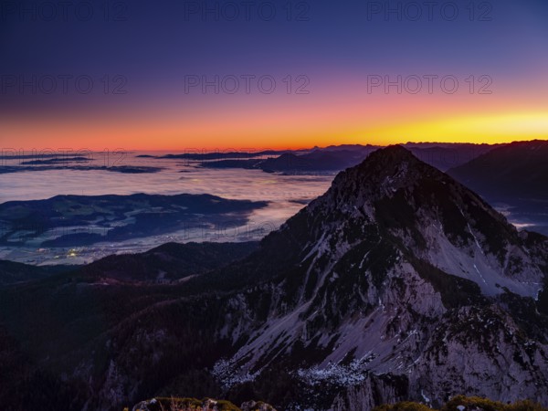 Dawn in the mountains, view of Salzburg with fog, Hochstaufen, Zwiesel, Bad Reichenhall,